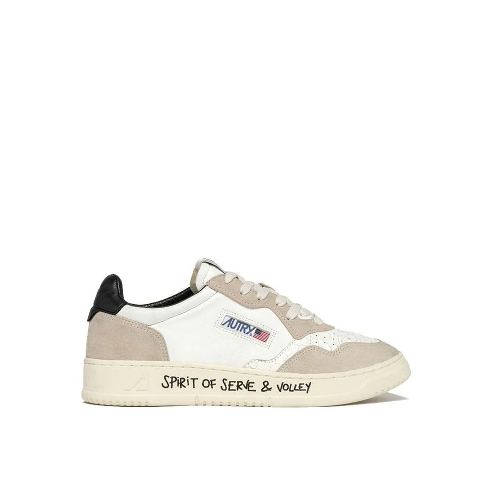 Autry White Goatskin Low Top Sneakers with suede detail, embroidered logo, and rubber sole, perfect for men's fashion.
