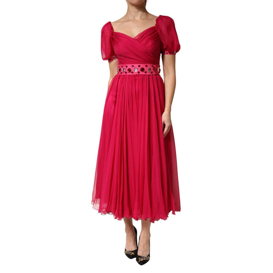 Dolce & Gabbana Pink Silk Embellished A-line Midi Dress