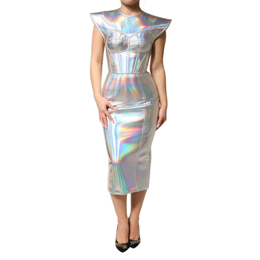 Dolce & Gabbana Silver Iridescent Bodycon Sheath Midi Dress