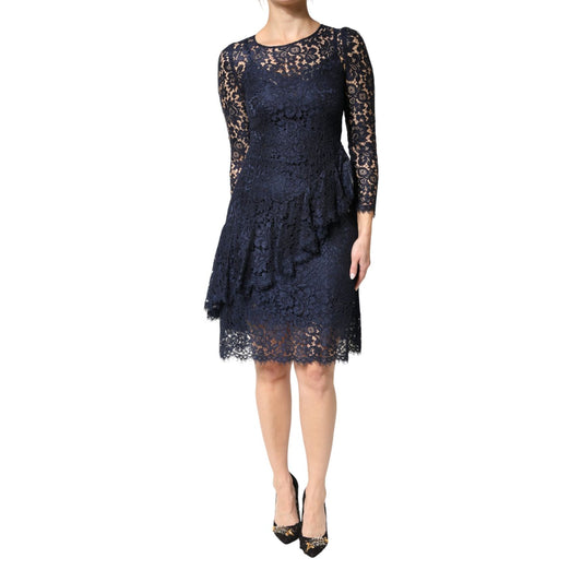 Dolce & Gabbana Blue Lace Ruffle A-line Knee Length Dress