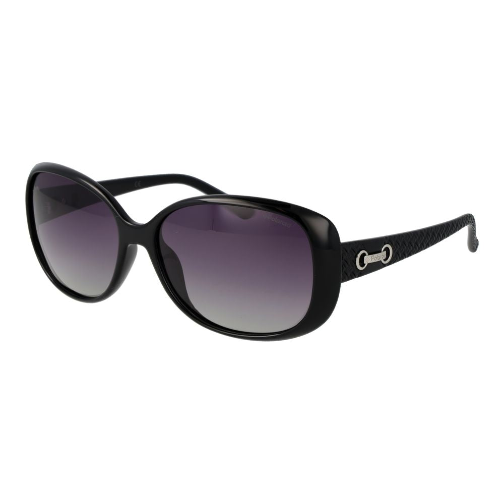 Polaroid Black Plastic Sunglasses for women with purple polarized gradient lenses, full-rim butterfly style with 100% UVA & UVB protection.