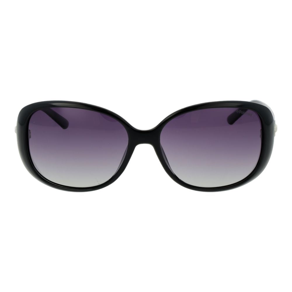 Polaroid Black Plastic Sunglasses with full-rim black frame, purple polarized gradient lenses, butterfly style, 100% UVA & UVB protection.
