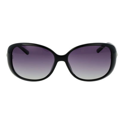 Polaroid Black Plastic Sunglasses with full-rim black frame, purple polarized gradient lenses, butterfly style, 100% UVA & UVB protection.