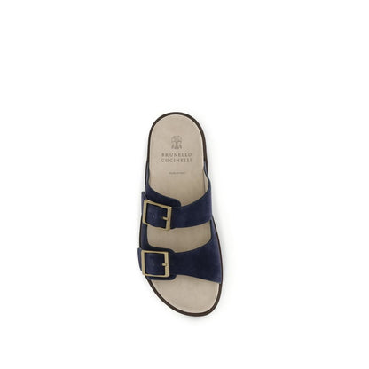 Brunello Cucinelli Blue Calf Leather Bos Taurus Flat Sandals