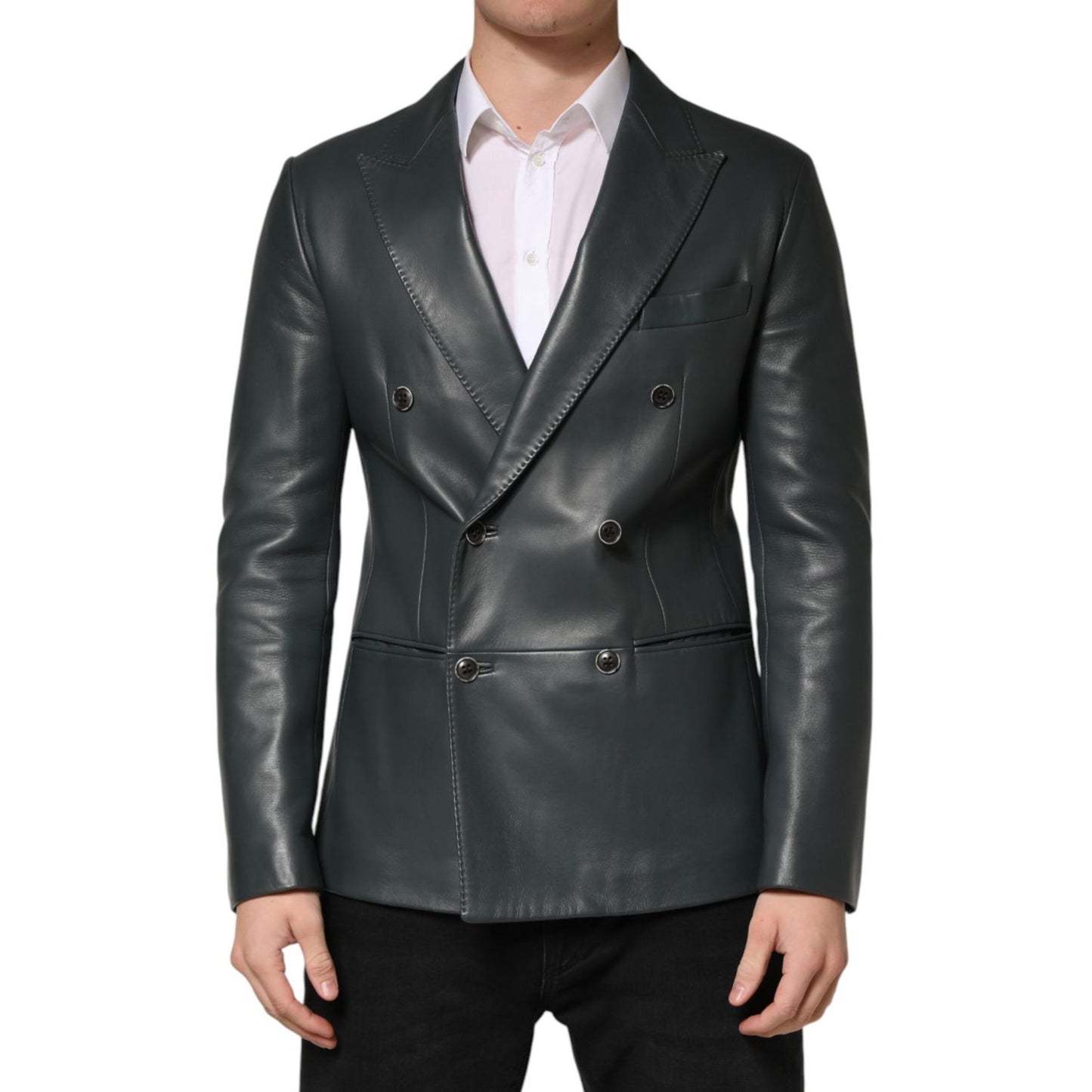 Dolce & Gabbana Black Leather Double Breasted 2Button Blazer