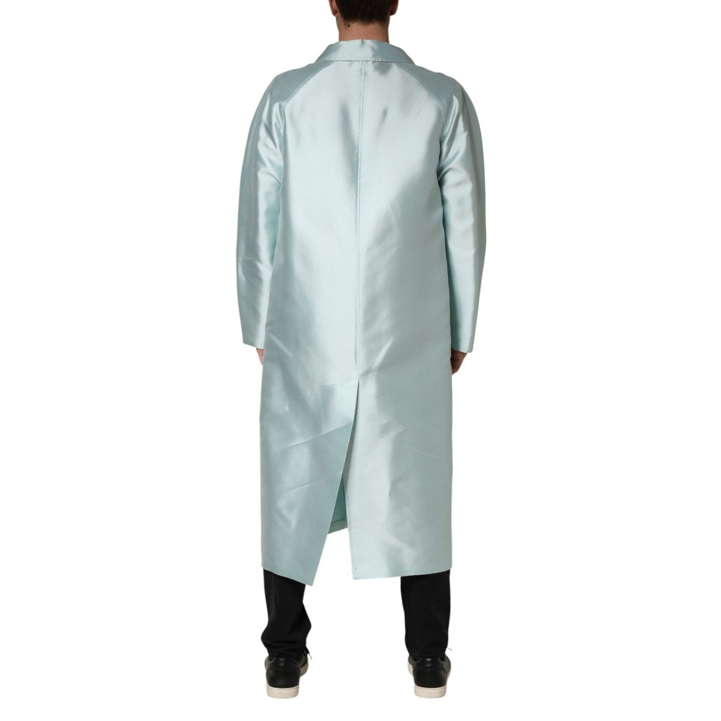 Dolce & Gabbana Teal Satin Collared Long Trench Coat Jacket