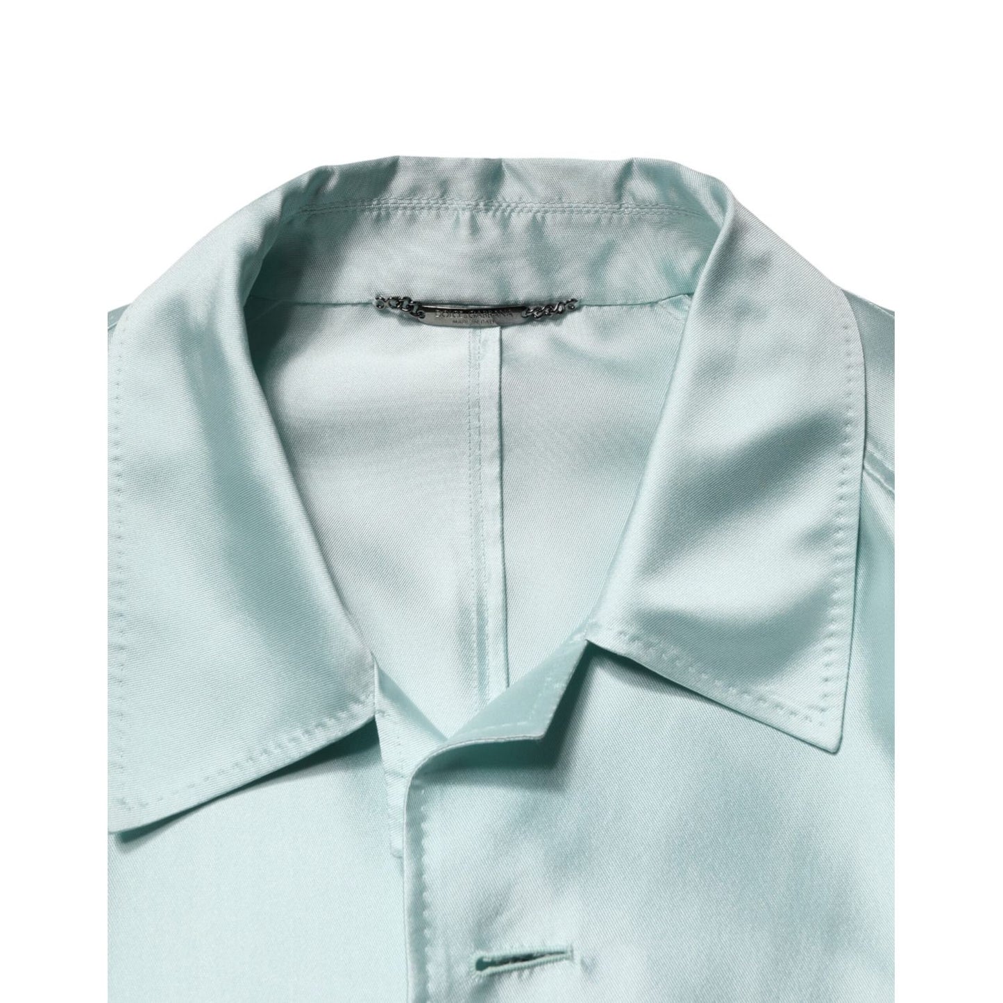 Dolce & Gabbana Teal Satin Collared Long Trench Coat Jacket