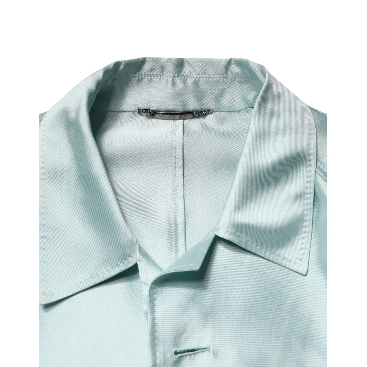 Dolce & Gabbana Teal Satin Collared Long Trench Coat Jacket