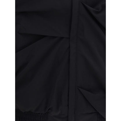 Close-up of ALAINPAUL Black Polyamide Full-Length Jacket showing soft draping detail and modern tailoring.