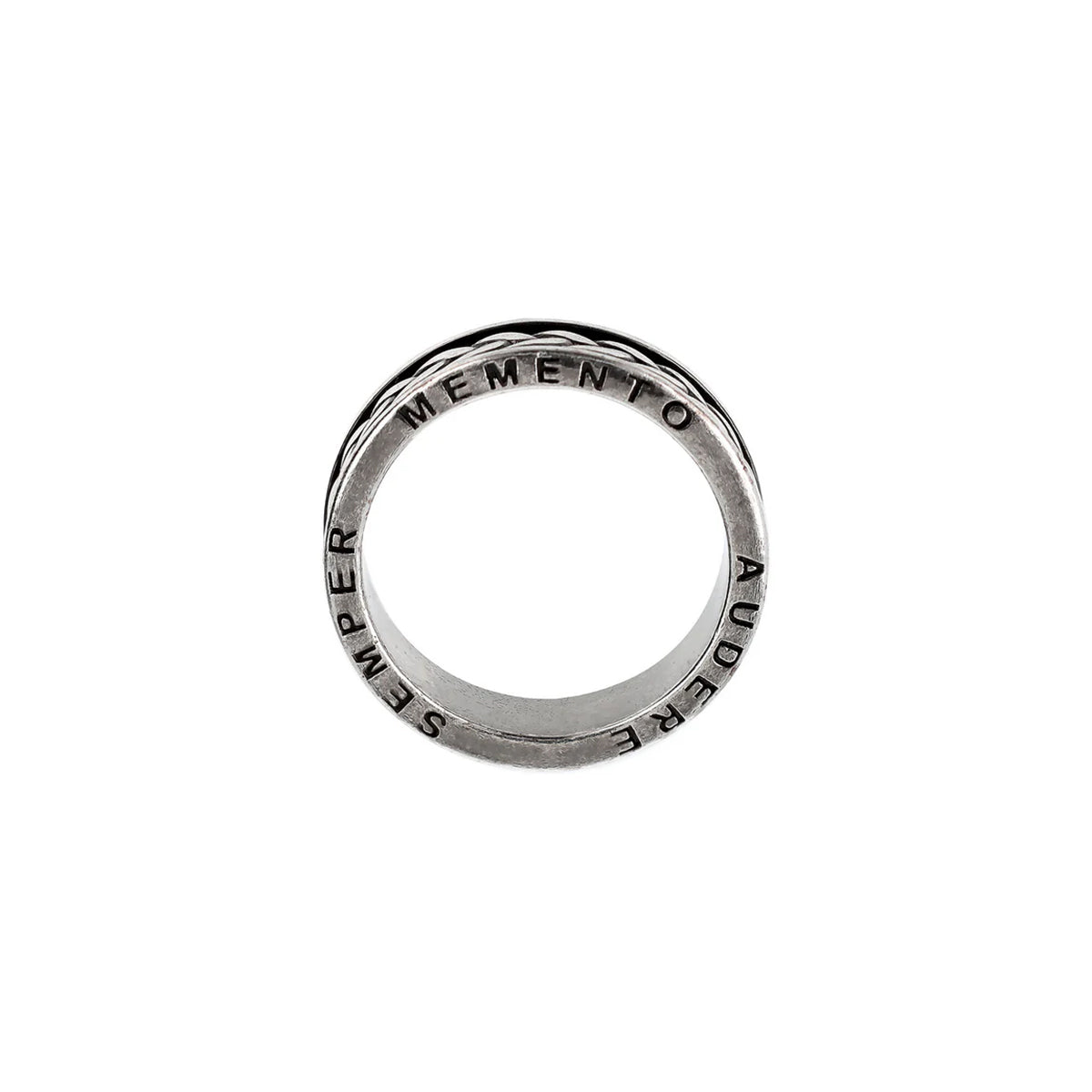Silver ring with engraved text "Semper Memento Aude."