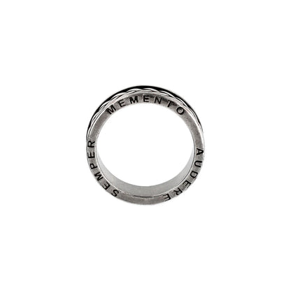 Silver ring with engraved text "Semper Memento Aude."
