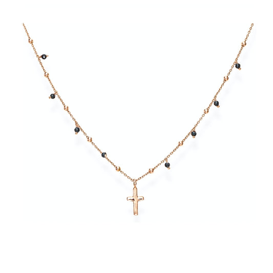 Gold necklace with cross pendant from AMEN JEWELRY Mod. CLCRRN3, showcasing a delicate design with black bead accents.