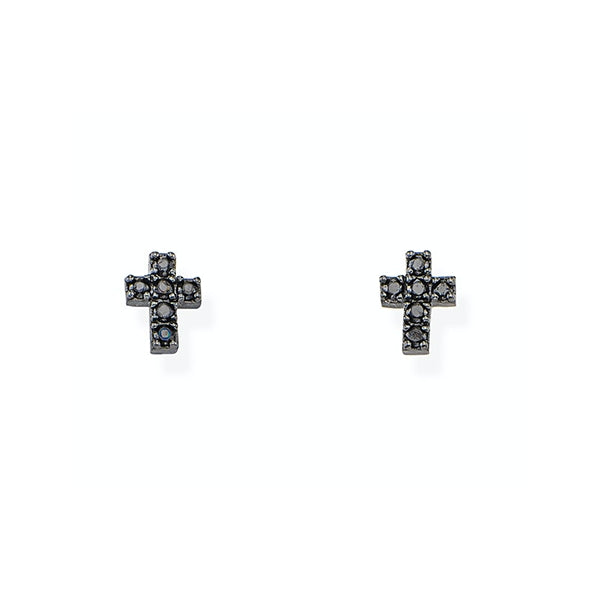 Cross-shaped earrings showcasing AMEN JEWELRY Mod. ORCRZN in dark, intricate design with sparkling embellishments.