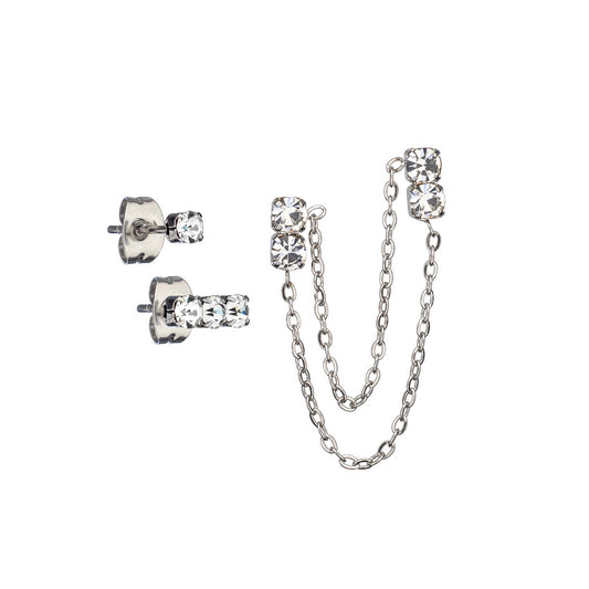 Alt Tag: AN JEWELS JEWELRY Mod. AB.EP034 silver stud earrings with chain and crystals