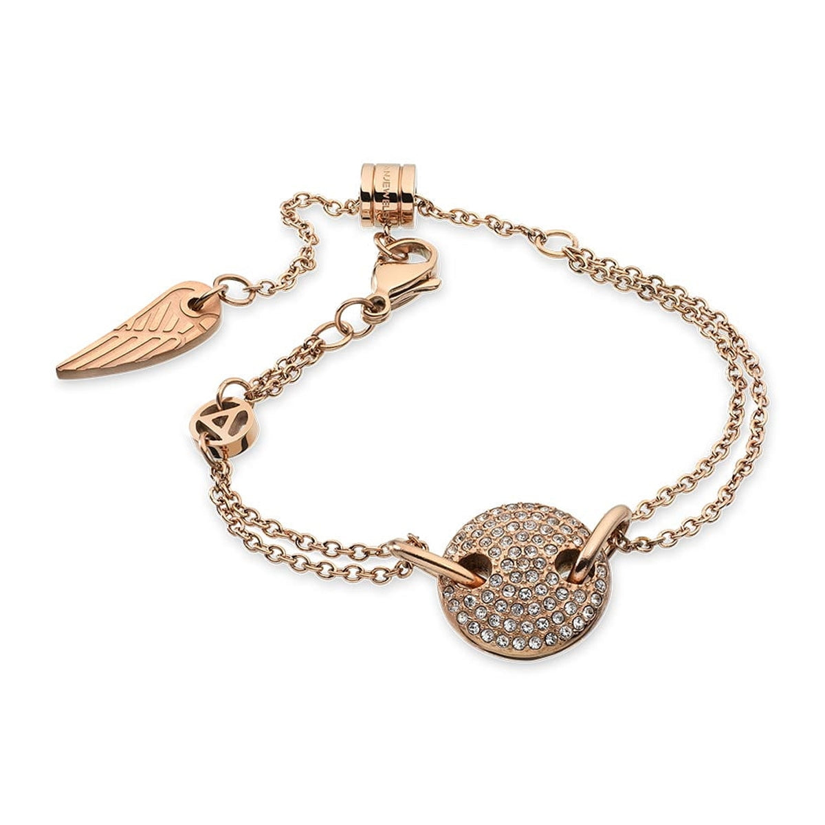 Gold bracelet AN JEWELS JEWELRY Mod. AL.BJT01RC with wing charm and rhinestones on white background.