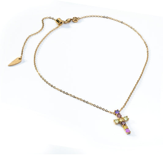 Gold necklace with gemstone cross pendant by AN JEWELS JEWELRY Mod. AL.NLOY3YF displayed on a white background.