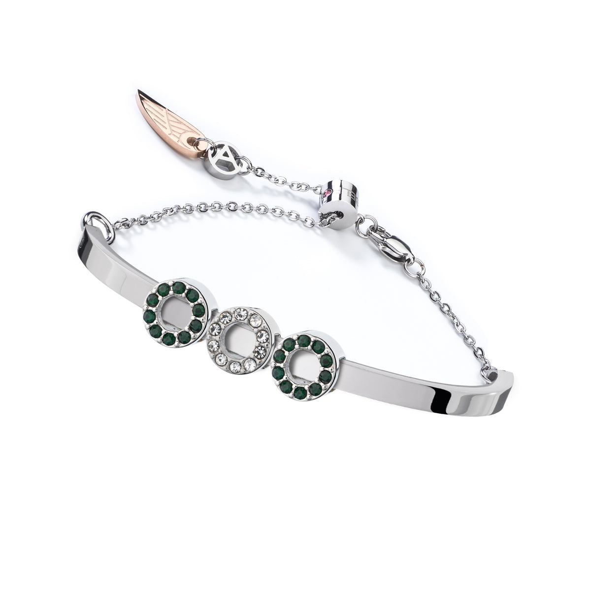 AN JEWELS JEWELRY Mod. ANPULSEIRALI17 silver bracelet with decorative green and white gemstones, elegant design and adjustable chain