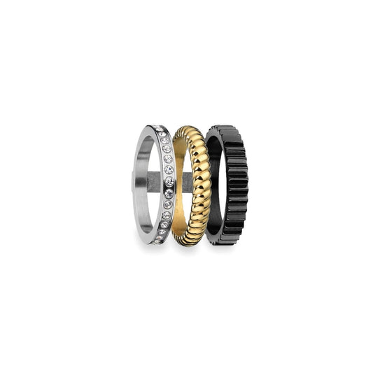 AN JEWELS JEWELRY Mod. AR.R3NS03SYK-9 featuring a set of three stacked rings in silver, gold, and black designs.