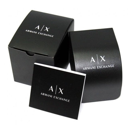 A|X ARMANI EXCHANGE Mod. HAMPTON wristwatch packaging in black official box, highlighting luxurious design and branding.