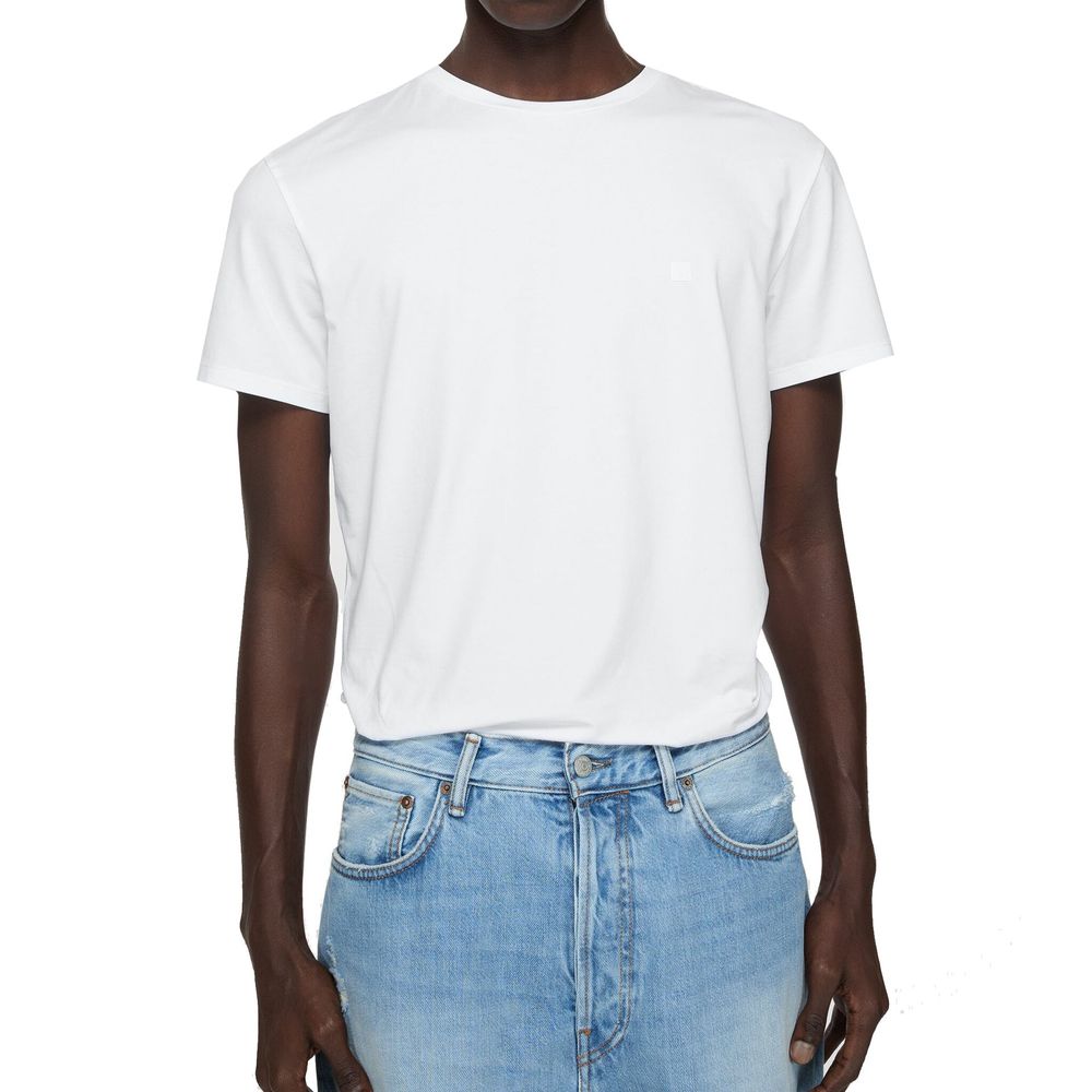 Model wearing Acne Studios White Cotton T-Shirt with short sleeves and face logo, regular unisex fit, shown in size M.
