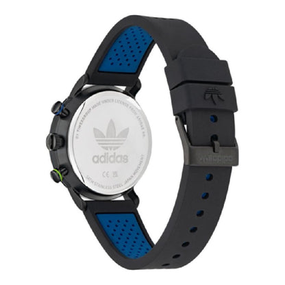 Adidas Black Synthetic Sport Watch with quartz mechanism, analog display, stainless steel case, silicone strap, and stopwatch function.