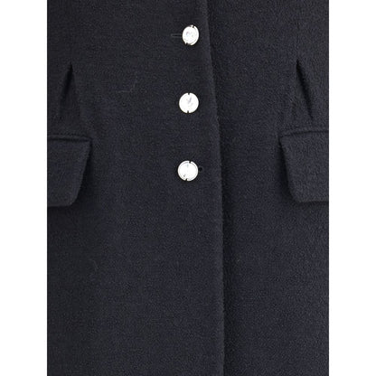 Close-up of Alessandra Rich Black Fleece Wool Coat with jeweled buttons and flap welt pockets, showcasing elegant design.