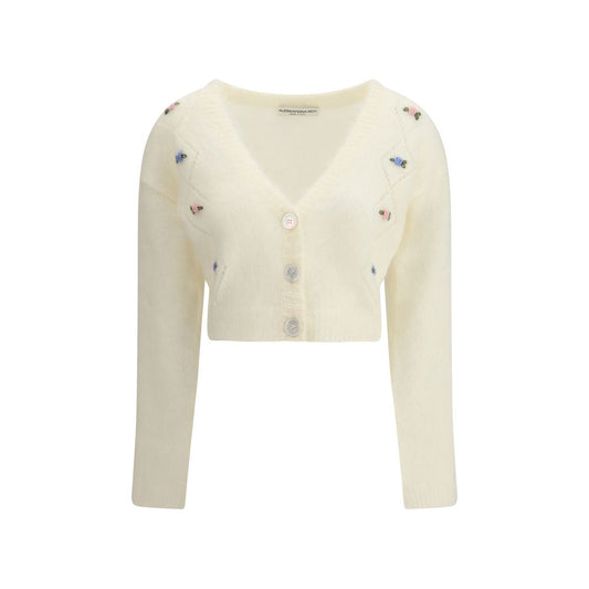 Alessandra Rich White Mohair Cardigan with floral embroidery, V-neckline, button closure, and ribbed cuffs.