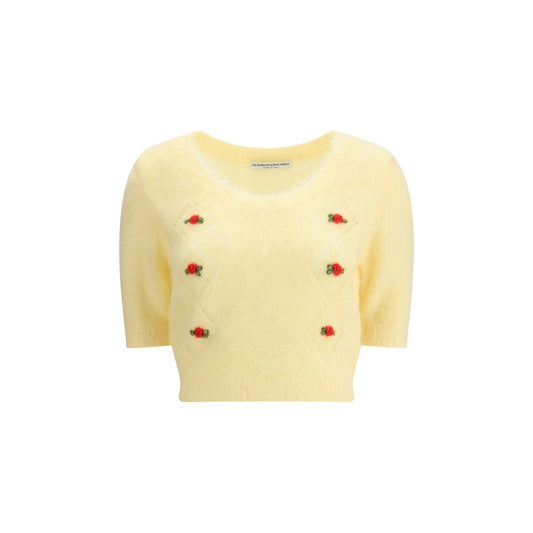 Alessandra Rich Yellow Mohair Sweatshirt with embroidered flowers, short sleeves, round neckline, ribbed hemline, feminine style