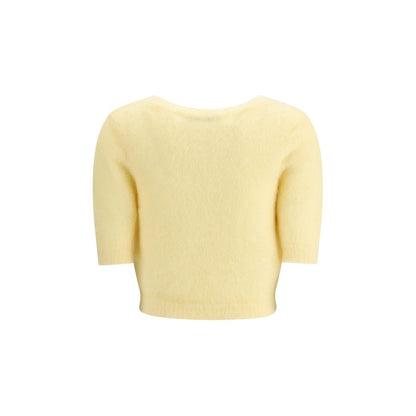 Back view of Alessandra Rich Yellow Mohair Sweatshirt featuring short sleeves and delicate mohair texture.