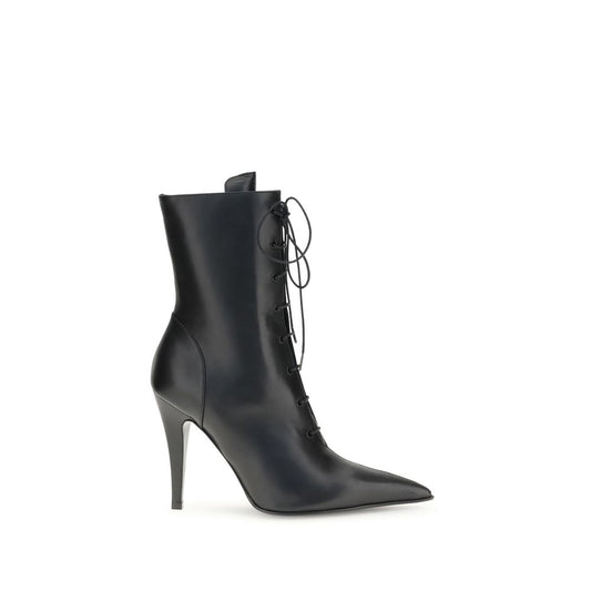 Alexander McQueen Black Calf Leather Bos Taurus Lace-Up Boots with pointed toe and high heel for sophisticated looks.