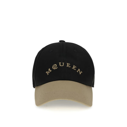 Alexander McQueen Black Cotton Cap (Baseball Hat) with beige embroidered logo, adjustable leather closure, and 100% cotton composition.