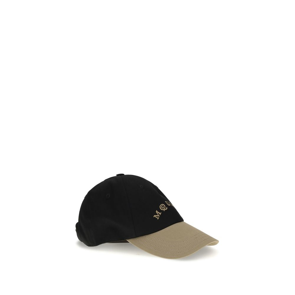 Alexander McQueen Black Cotton Cap (Baseball Hat) with beige embroidered logo and adjustable leather closure, front view.