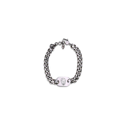 Alexander McQueen Silver Brass Bracelet with skull tag and lobster clasp, antiqued silver finish chain, AW25 collection.