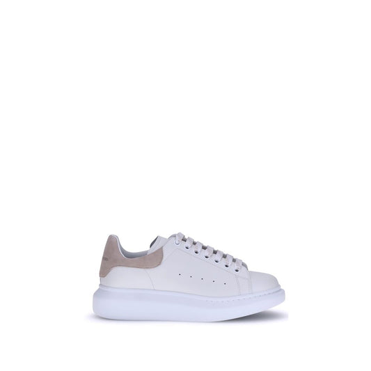 Alexander McQueen White Calf Leather Bos Taurus Platform Sneakers with lace-up design and logoed heel label on white background.