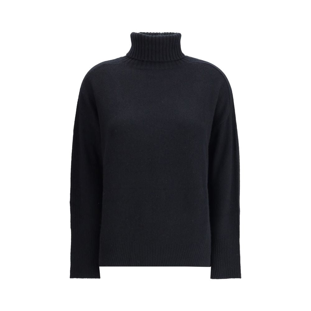 Allude Black Cashmere Cashmere Sweater with ribbed cuffs and high collar, perfect for fall and winter elegance and comfort.