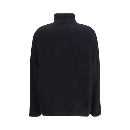 Back view of Allude Black Cashmere Cashmere Sweater with turtleneck and ribbed cuffs for elegant cold season wear.