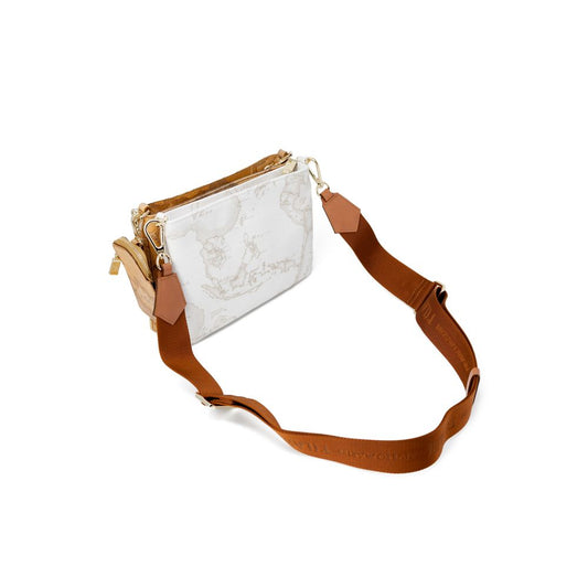 Alviero Martini Prima Classe Beige Leather Handbag with iconic geographic print and dual-tone metal chain, small women's fashion bag.