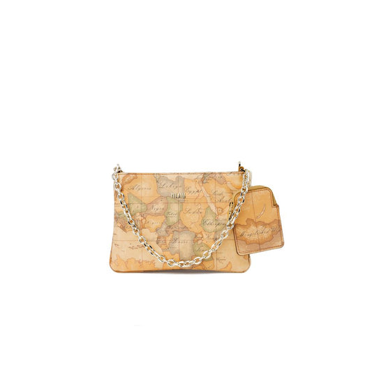 Alviero Martini Prima Classe Beige Leather Handbag with geographic print and metal chain, perfect for elegant travel fashion.