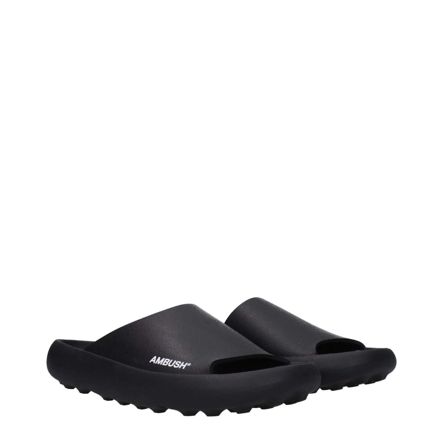 Ambush Black Cotton Slippers - Open toe rubber slide-on with side logo, street style.