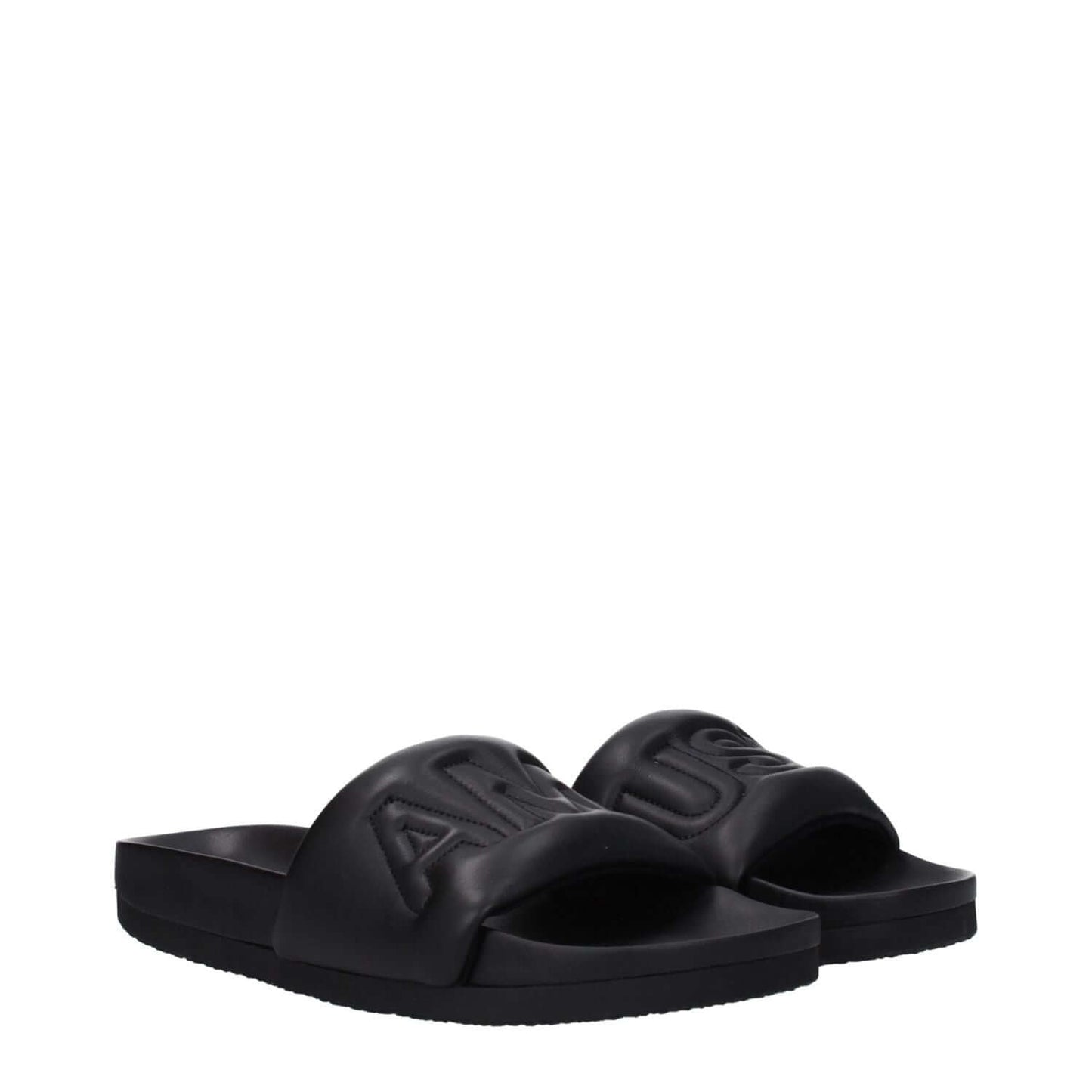 Alt Tag: Ambush Black Leather Slippers with front logo, open toe design, and rubber sole, model MPN BMIC001LEA0011000, street style.