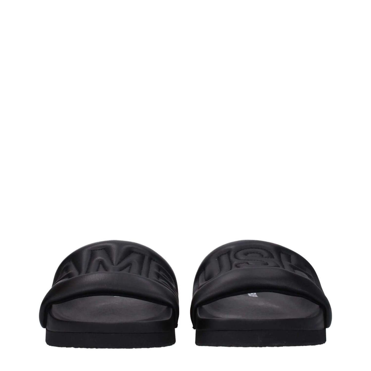 Ambush Black Leather Slippers with front logo, open toe design, and rubber sole for street style.