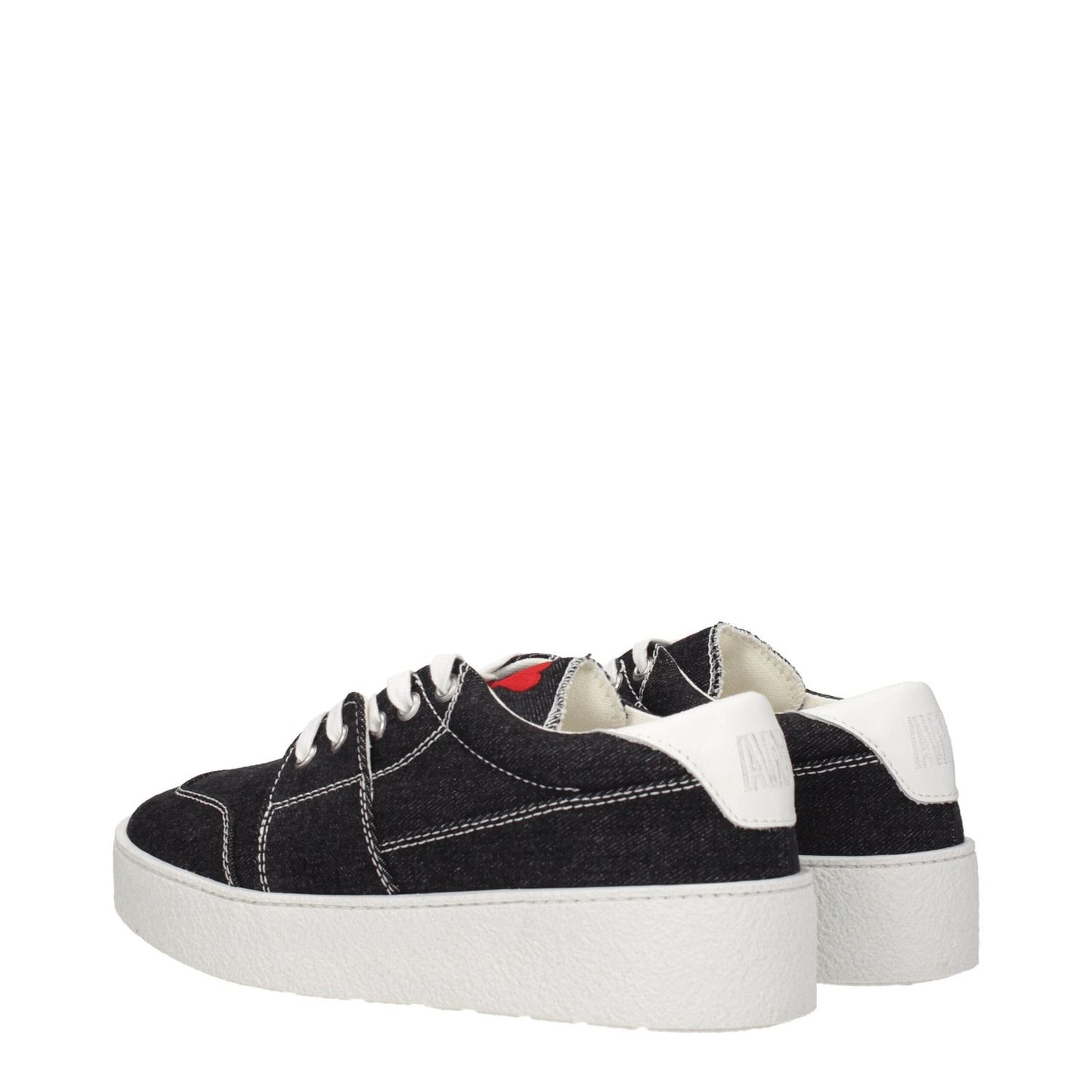 Ami Paris Black Fabric Low Top Sneakers with lace-up closure, round toe, mid heels, and rubber sole, featuring a white back logo.