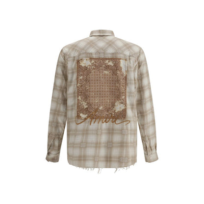 Amiri Beige Cotton Pattern Shirt with plaid flannel design, classic collar, front button closure, and embroidered logo on the back.