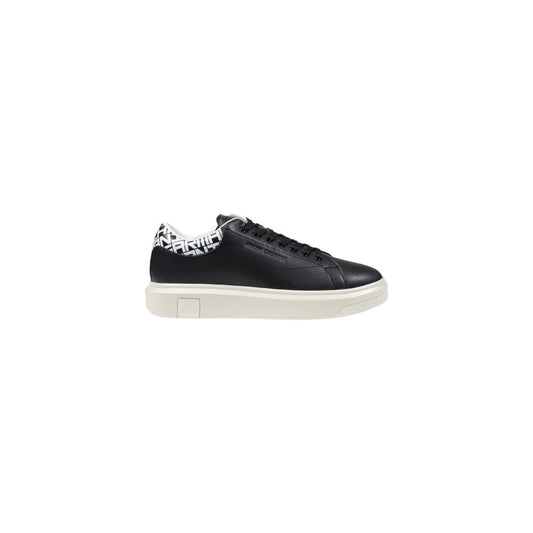 Armani Exchange Black And White Leather Low Top Sneakers with contrasting logo heel and sturdy sole.