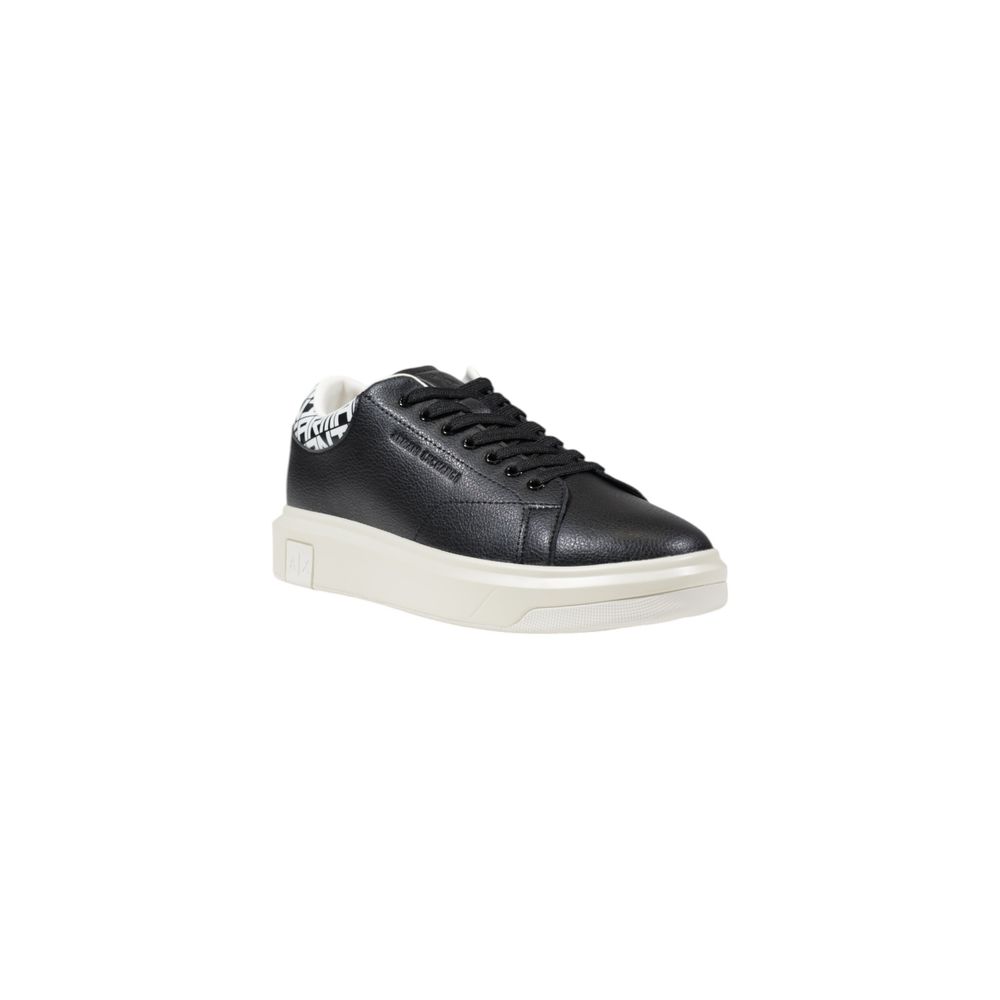 Armani Exchange Black And White Leather Low Top Sneakers with minimalist design and distinctive heel detail.