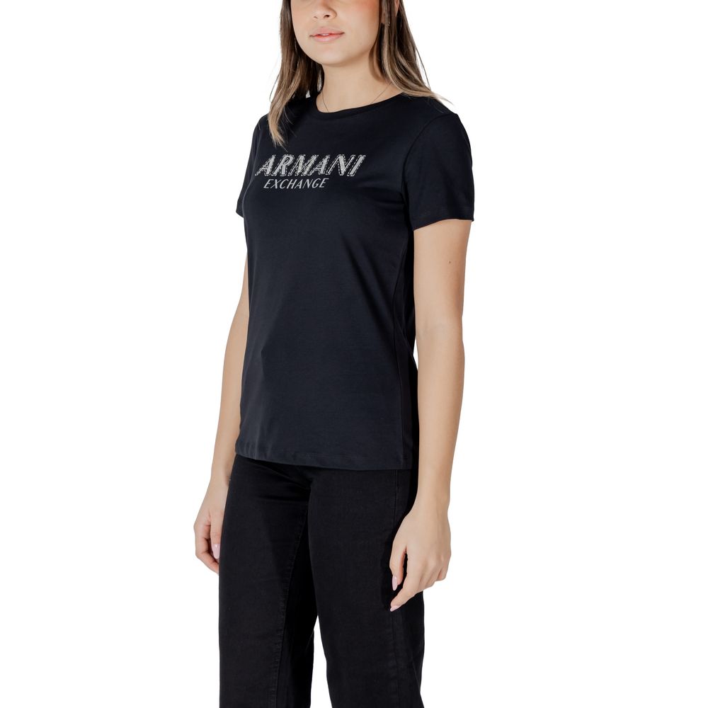 Woman wearing Armani Exchange Black Cotton Long Sleeve T-Shirt with logo, showcasing modern and refined style for spring and summer.