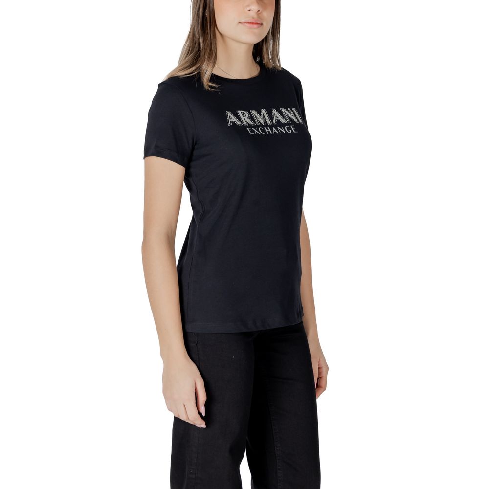 Woman wearing Armani Exchange Black Cotton Long Sleeve T-Shirt with logo on chest, ideal for spring and summer casual wear.