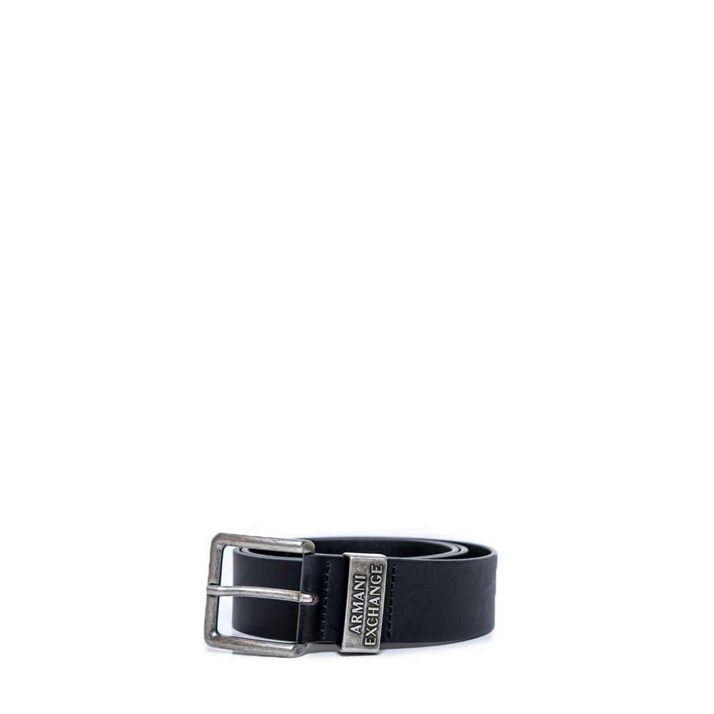 Armani Exchange Black Leather Regular Belt with metal buckle, elegant accessory for formal and casual wear, SS25 collection.