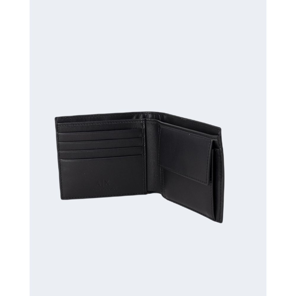 Armani Exchange Black Leather Wallet with coin pocket, elegant and functional for men, made of durable 100% bovine leather.