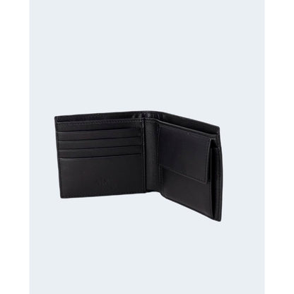 Armani Exchange Black Leather Wallet with coin pocket, elegant and functional for men, made of durable 100% bovine leather.